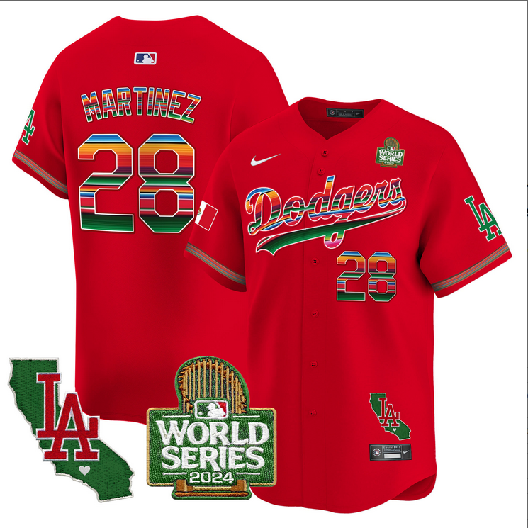 Men MLB Mexico Los Angeles Dodgers 28 Martinez red 2024 World Series Champions Patch Jersey 2024110